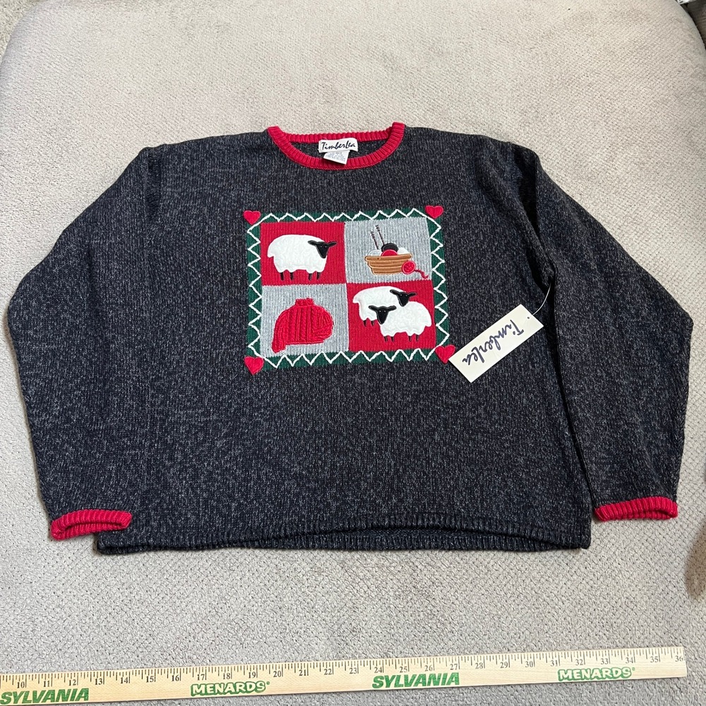 Vintage 1990s Timberlea Sheep Knit Sweater Black Red Large TF048 NWT